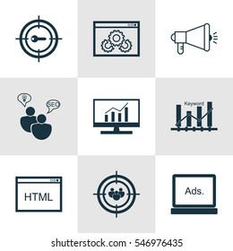 Set Of 9 Advertising Icons. Includes Media Campaign, Keyword Marketing, Focus Group And Other Symbols. Beautiful Design Elements.