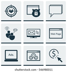 Set Of 9 Advertising Icons. Includes Security, Search Optimization, Conference And Other Symbols. Beautiful Design Elements.