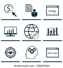 Set Of 9 Advertising Icons. Includes Focus Group, PPC, Keyword Optimisation And Other Symbols. Beautiful Design Elements.