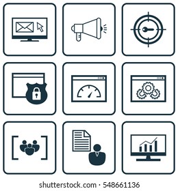 Set Of 9 Advertising Icons. Includes Questionnaire, Report, Security And Other Symbols. Beautiful Design Elements.