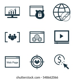 Set Of 9 Advertising Icons. Includes Video Player, Security, Web Page Performance And Other Symbols. Beautiful Design Elements.