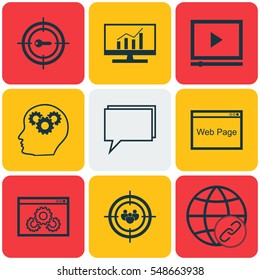 Set Of 9 Advertising Icons. Includes Video Player, Website, Keyword Marketing And Other Symbols. Beautiful Design Elements.