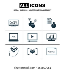 Set Of 9 Advertising Icons. Includes Intellectual Process, Report, Video Player And Other Symbols. Beautiful Design Elements.