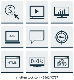 Set Of 9 Advertising Icons. Includes Keyword Marketing, Digital Media, PPC And Other Symbols. Beautiful Design Elements.