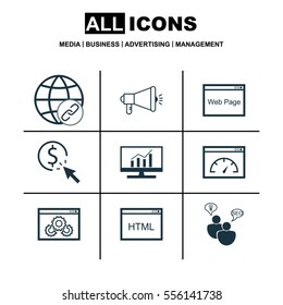 Set Of 9 Advertising Icons. Includes Search Optimization, PPC, Website And Other Symbols. Beautiful Design Elements.