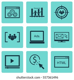 Set Of 9 Advertising Icons. Includes PPC, Focus Group, Keyword Optimisation And Other Symbols. Beautiful Design Elements.