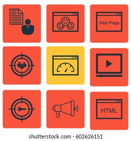Set Of 9 Advertising Icons. Includes Loading Speed, Coding, Video Player And Other Symbols. Beautiful Design Elements.