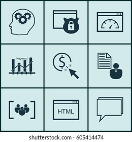 Set Of 9 Advertising Icons. Includes Keyword Optimisation, Report, Security And Other Symbols. Beautiful Design Elements.