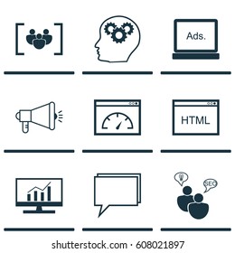 Set Of 9 Advertising Icons. Includes Digital Media, Market Research, Loading Speed And Other Symbols. Beautiful Design Elements.