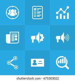 Set Of 9 Advertising Icons Set.Collection Of Id, Statistics, Group And Other Elements.