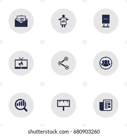 Set Of 9 Advertising Icons Set.Collection Of Ads, Share, Market And Other Elements.
