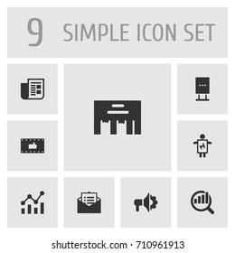 Set Of 9 Advertising Icons Set.Collection Of Statistics, Journal, Man With Banner And Other Elements.