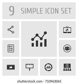 Set Of 9 Advertising Icons Set.Collection Of Customer Summary, Statistics, Auditorium And Other Elements.