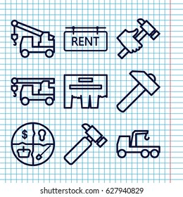 Set of 9 advertising outline icons such as hummer, truck with hook, rent tag, ad