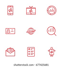 Set Of 9 Advertising Outline Icons Set.Collection Of Brand Awareness, Business Card, Client Brief Elements.