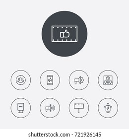Set Of 9 Advertising Outline Icons Set.Collection Of Mobile Marketing, Target, Promotion And Other Elements.
