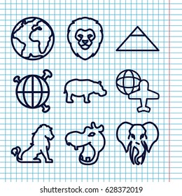 Set of 9 africa outline icons such as lion, hippopotamus, elephant, pyramid, globe and plane, globe