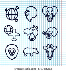 Set of 9 africa outline icons such as giraffe, hippopotamus, lion, elephant, globe and plane