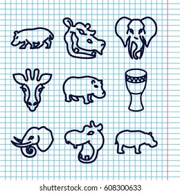 Set of 9 african outline icons such as giraffe, hippopotamus, elephant