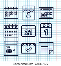 Set of 9 agenda outline icons such as calendar, plan, 1st day calendar