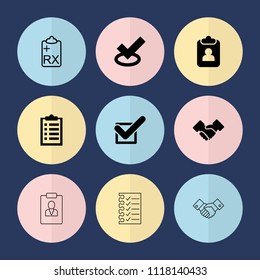 Set of 9 agreement filled and outline icons such as tick, handshake, clipboard