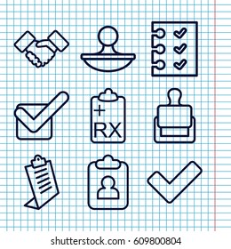 Set of 9 agreement outline icons such as stamp, clipboard, tick, checklist