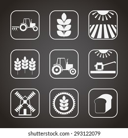 Set of 9 agricultural and farming icons (stages of cereal cultivation) . Minimalistic (flat) style elements. Monochrome (white on a black background)