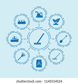 Set of 9 agricultural filled icons such as rake, harvester, sprouting, fertilizer