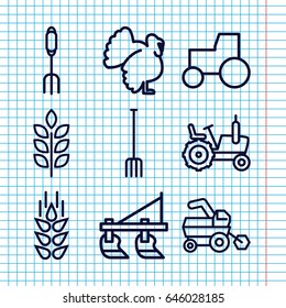 Set of 9 agricultural outline icons such as turkey, wheat, tractor