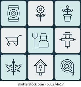 Set Of 9 Agriculture Icons. Includes Autumn Plant, Flowerpot, Decorative Plant And Other Symbols. Beautiful Design Elements.