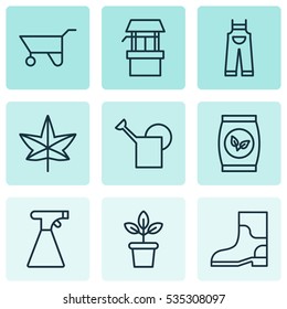 Set Of 9 Agriculture Icons. Includes Rubber Boot, Wheelbarrow, Flowerpot And Other Symbols. Beautiful Design Elements.