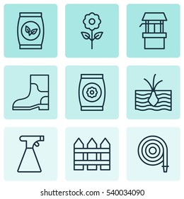 Set Of 9 Agriculture Icons. Includes Sprinkler, Barrier, Water Source And Other Symbols. Beautiful Design Elements.