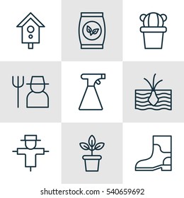 Set Of 9 Agriculture Icons. Includes Grower, Desert Plant, Bugbear And Other Symbols. Beautiful Design Elements.