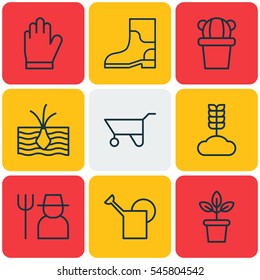 Set Of 9 Agriculture Icons. Includes Rubber Boot, Flowerpot, Grower And Other Symbols. Beautiful Design Elements.
