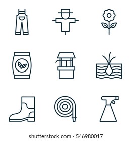 Set Of 9 Agriculture Icons. Includes Grains, Decorative Plant, Water Source And Other Symbols. Beautiful Design Elements.