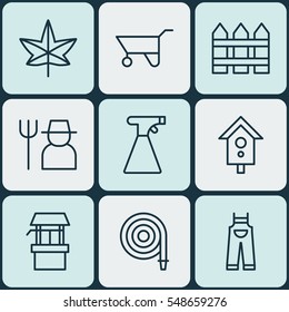 Set Of 9 Agriculture Icons. Includes Grower, Autumn Plant, Wheelbarrow And Other Symbols. Beautiful Design Elements.