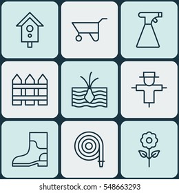 Set Of 9 Agriculture Icons. Includes Bugbear, Growing Plant, Wheelbarrow And Other Symbols. Beautiful Design Elements.