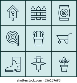 Set Of 9 Agriculture Icons. Includes Birdhouse, Fire Tube, Bugbear And Other Symbols. Beautiful Design Elements.