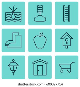 Set Of 9 Agriculture Icons. Includes Birdhouse, Gardening Shoes, Taste Apple And Other Symbols. Beautiful Design Elements.