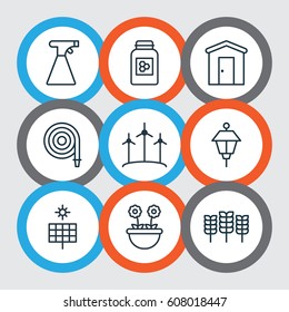 Set Of 9 Agriculture Icons. Includes Jar, Lantern, Herb And Other Symbols. Beautiful Design Elements.