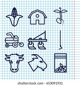 Set of 9 agriculture outline icons such as cow, goat, corn, tractor, barn, hoe, seed bag