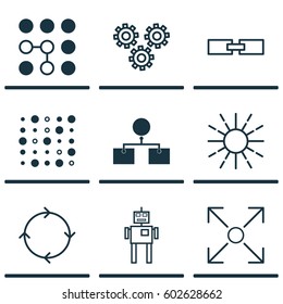 Set Of 9 AI Algorithm Machine Learning Icons. Includes Branching Program, Related Information, Lightness Mode And Other AI Related Algorithm Icon Symbols. Beautiful Design Elements.