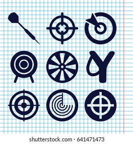 Set of 9 aim filled icons such as radar, target, dart, sniper target