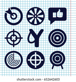Set of 9 aim filled icons such as radar, target, sniper target, thumb up, sligshot