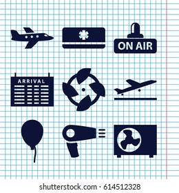 Set of 9 air filled icons such as plane taking off, arrival table, baloon, hair dryer, open air, air conditioner, plane