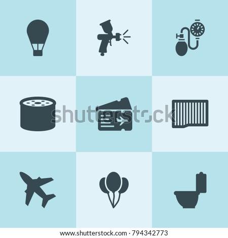 Set of 9 air filled icons such as air filter, oil filter, paint spray gun, toilet bowl, balloon, pressure test device