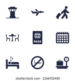 Set of 9 aircraft icons set. Collection of control tower, bed, calendar and other elements.