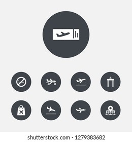 Set of 9 aircraft icons set. Collection of landing, airplane, no smoking elements.