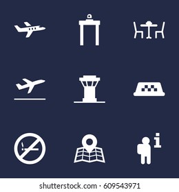 Set Of 9 Aircraft Icons Set.Collection Of Leaving, Data, Tower And Other Elements.