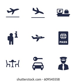 Set Of 9 Aircraft Icons Set.Collection Of Passport, Aircraft, Leaving And Other Elements.